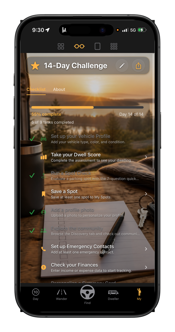 WanderDweller Challenge screen — Learn by doing