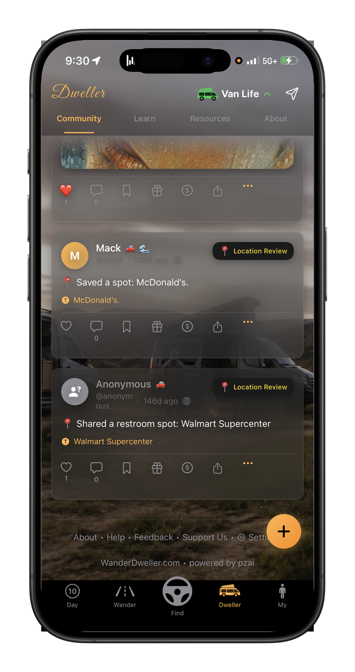 WanderDweller Dweller screen — Community with context