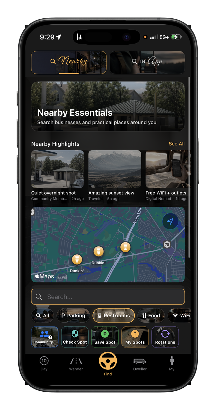 WanderDweller Find screen showing nearby essentials and places for life on the road